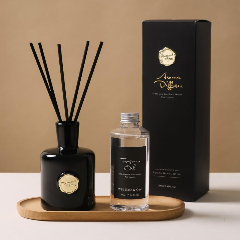 XEPTLE Reed Diffuser Set, 7.04 oz Oud & Bergamot Scent Diffuser with 5 Sticks, Long Lasting Air Freshener, Essential Oil Reed Diffuser for Home, Home Fragrance for Office, Bathroom Shelf Decor, Black