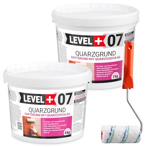Level+ 07 Quarzgrund 11 kg Putzgrund Haftbrücke Grundierung für Beton Putz Primer weiß + Farbroller 10cm mit Bügel Set