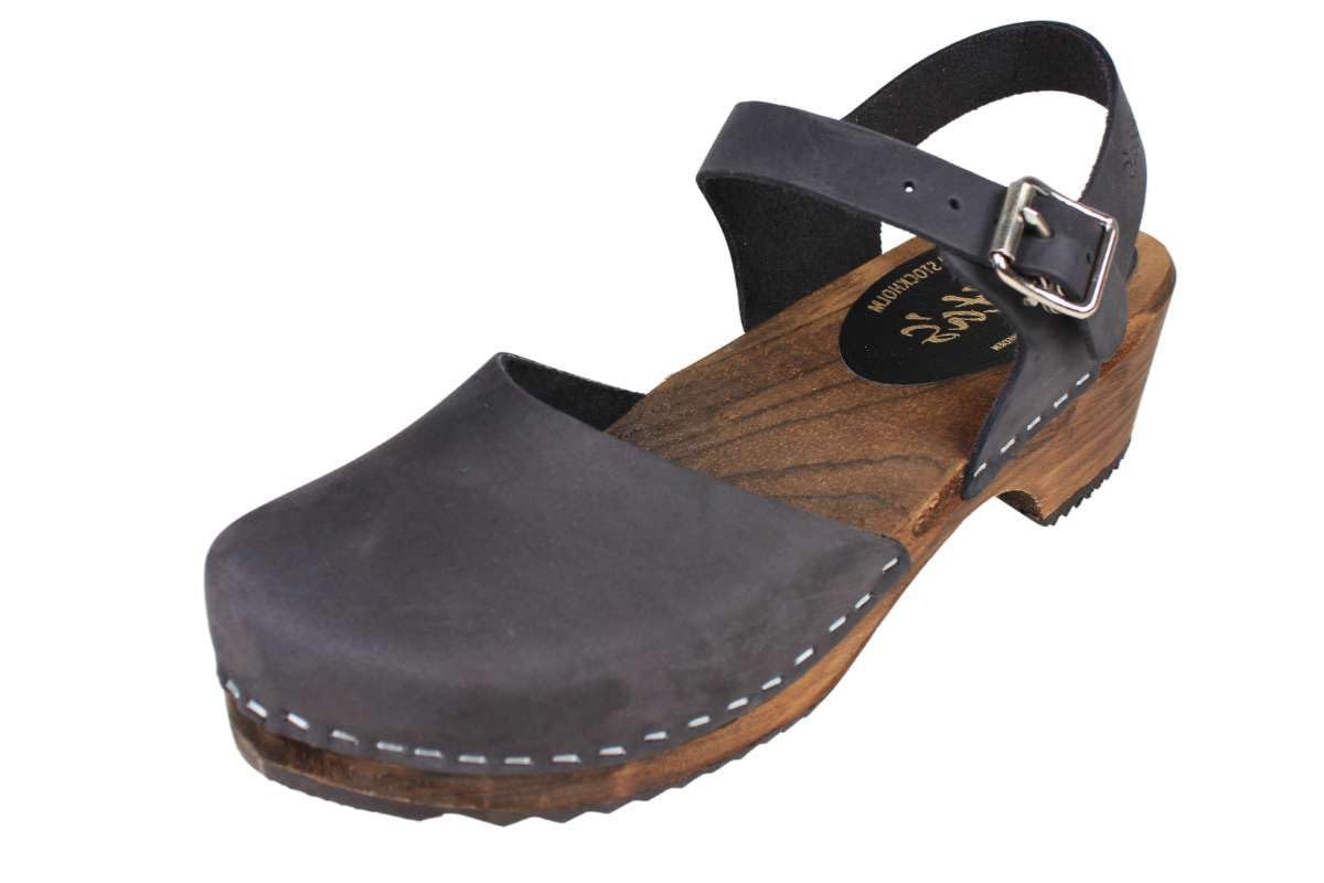 Lotta From StockholmSwedish Low Wood Clog Sandal for Women | Low Heel Mary Jane Style Wooden Clogs Handcrafted in Sweden | Brown Alder Wood Base and Oiled Nubuck Leather | Black
