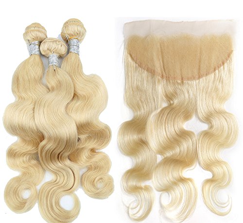 Fabwigs 613 Blonde Human Hair 3 Bundles Weft With Lace Frontal Body Wave Unprocessed Brazilian Human Hair (22 24 26 Bundle+14 Free Part Frontal)