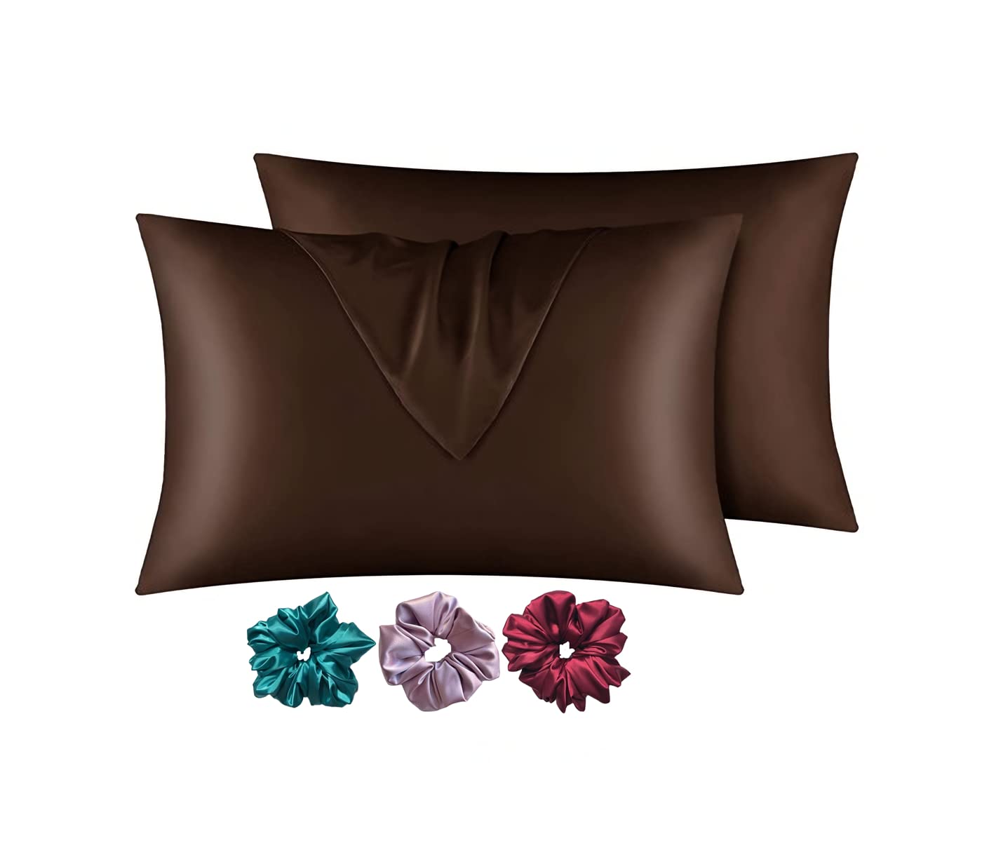 ARMOXA Butter Satin Silk Pillowcase for Hair and Skin, Pillow Cover Set of 2, Soft Luxury Satin Pillowcovers with Envelope Closure, 3 Free Scrunches (Brown Color)