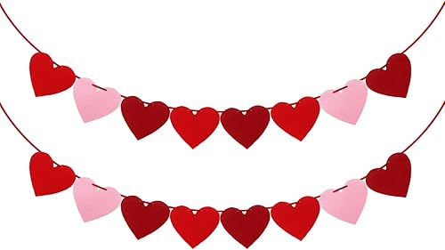 XIANMU Paquete de 2 guirnaldas de corazón de fieltro para decoración del día de San Valentín, banderines de corazón de fieltro preencordados para