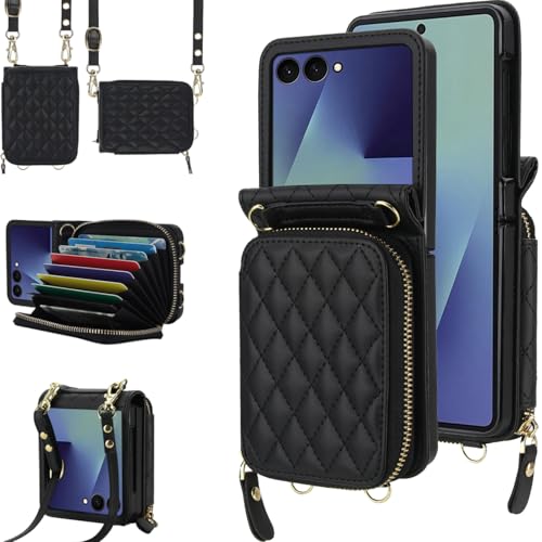 Coque Galaxy Z Flip 7 NINKI étui portefeuille en cuir noir avec cordon amovible