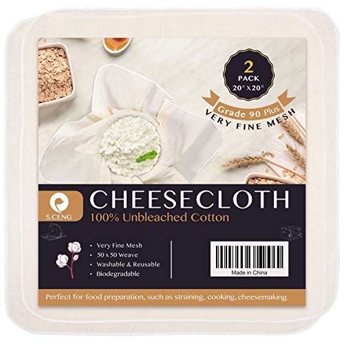 Cheese Cloths for Straining, Grade 100, 20 x 20inch 2 Pack, Hemmed Cheesecloth for Cooking, 100% Combed Unbleached Cotton Cheese Cloth