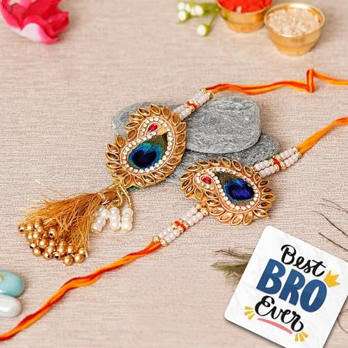 Image of eCraftIndia Peacock Feather Designer Bhaiya Bhabhi Rakhi Set with Best Bro Ever Fridge Magnet and Roli Chawal Pack