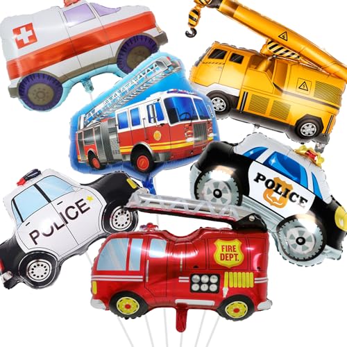 Waziwe 6 balões de bombeiros para crianças, inclui ambulância, carro de polícia, guindaste, decoração de aniversário unissexo - juvenil