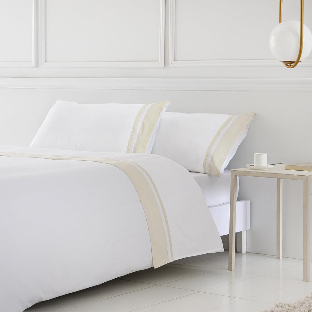 COTTON ARTean Funda nordica NOIA Saten DE 300 Hilos Blanco - Beige Cama de 200 x 190/200. 100% Saten ALGODÓN. Cierre con Solapa Color Blanco Y Beige