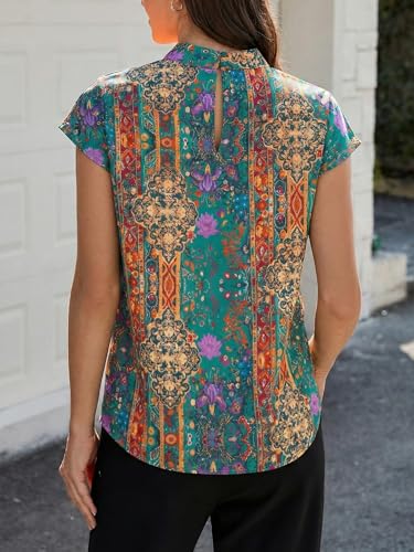 Image of Funlingo Womens Summer Tops Mock Neck Short Cap Sleeve Blouses Business Casual Work Chiffon Shirts Front Pleated Tunic Top