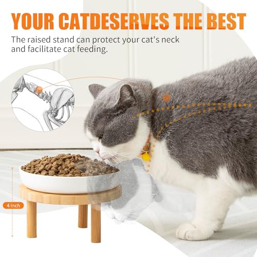 Lusifaco Keramik Katzennapf Erhöht, 15 cm Breite, Erhöhter Katzennapf aus Keramik mit Bambusständer, Schnurrhaarfreundliche Katzen Futternapf, Futterstation Katze, Fressnapf Kätzchen(2er-Set)