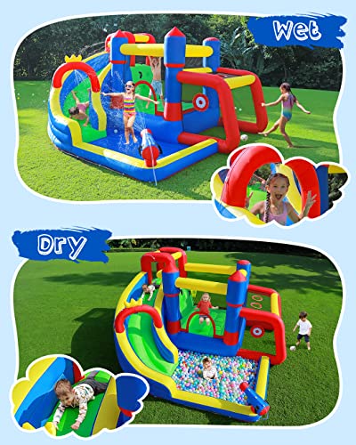 Naice Inflatable Water Slide, 8 In 1 Bounce House Wet Or Dry Combo With Blower For All Seasons, Water Slide For 3-4 Kids 3-10 Years Old, 142"X110" Water Park With Water Gun, Splash Pool, Bounce Area #TOP1