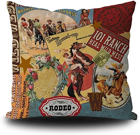 SVITFAMLI Pillow Covers Vintage Western Cowboy Wild Modern West Rodeo Riding Bull Wooden Decorative Throw Pillow Cases Home Decor Square 16 x 16 Inch Linen Pillowcase Double Side Printed