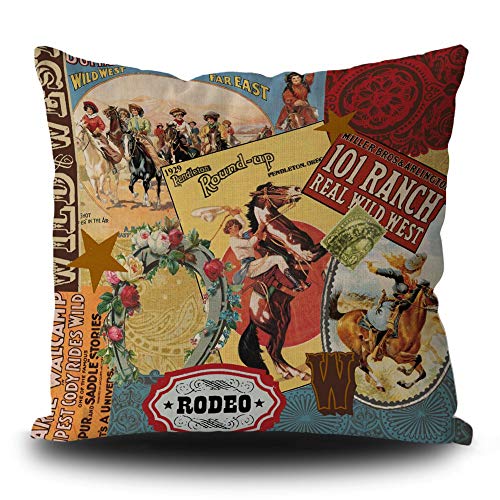 Svitfamli Pillow Covers Vintage Western Cowboy Wild Modern West Rodeo Riding Bull Wooden Decorative Throw Pillow Cases Home Decor Square 16 X 16 Inch Linen Pillowcase Double Side Printed #TOP22