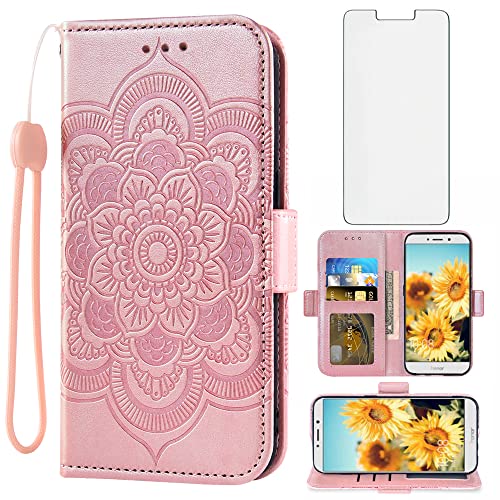 Asuwish Compatible with Huawei Honor 6X/Mate 9 Lite Wallet Case and Tempered Glass Screen Protector Leather Flip Cover Card Holder Stand Cell Phone Cases for Hawaii Honor6X X6 GR5 2017 Women Rose Gold