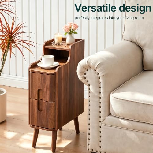 Image of FurSch Narrow Nightstand, Wooden 2 Drawer, Walnut, 1 pc