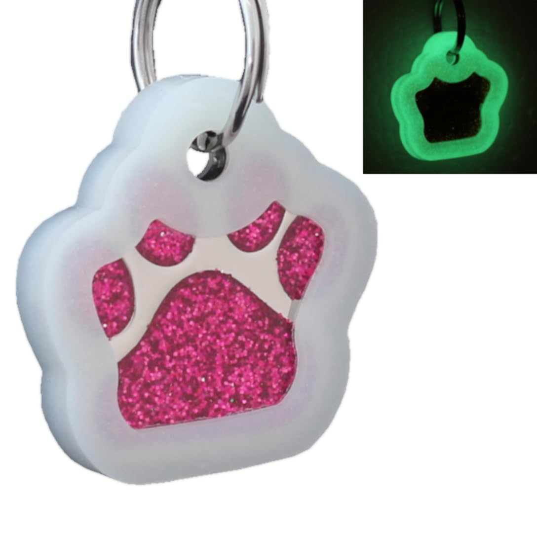 Pet ID Tags, Personalized Dog Tags and Cat Tags, Custom Engraved, Easy to Read, Cute Glitter Paw Pet Tag (Pink with Silencer)