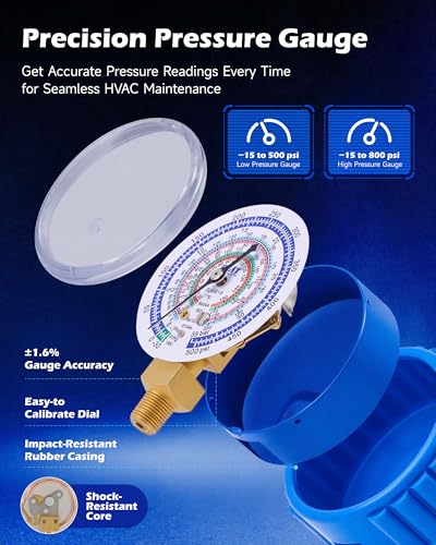 Image of Orion Motor Tech AC Gauge Set, 3-Way AC Manifold Gauge Set for R134a R410A R404A R22 Refrigerant with 5ft Hoses, Automotive A /C Gauge with R134a Couplers Self-Sealing Can Tap R410A Adapter 29 Adapter