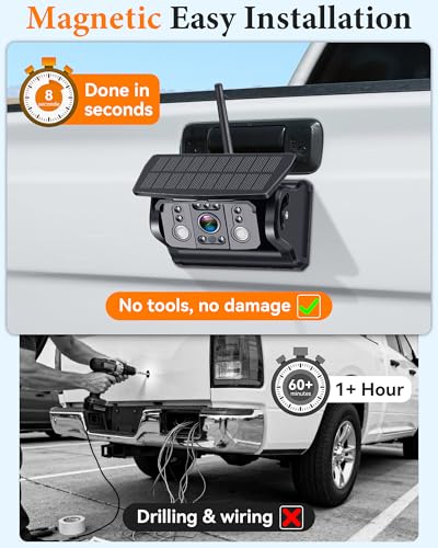 Image of 1080P HD Magnetic Wireless Backup Camera: Easy Install without Tools in Seconds - Clear Night Vision for Hitching & Parking - 25H Long Battery Life Solar Rear View Camera for Trucks, Pickups, Trailers