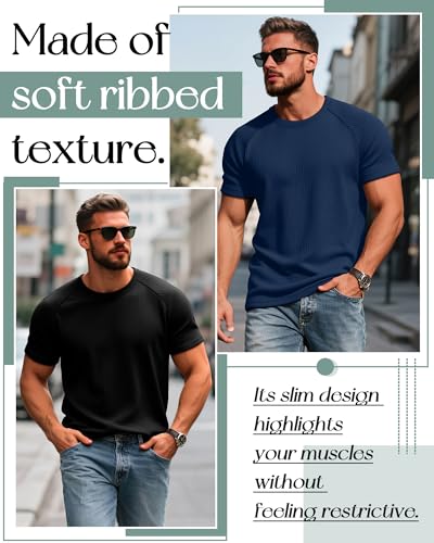 Riyiper 3 Pack Men's Big and Tall Ribbed Knit T-Shirts XL-5XL Summer Textured Casual Short Sleeve Tops Crew Neck Basic Tee 5
