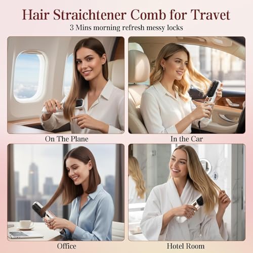 Image of Go Brush Pro Cordless Hair Straightener Brush - Portable Rechargeable Ceramic Styling Brush with 4 Adjustable Heat Modes & LED Display, Perfect for Travel & Everyday Use (Cream White)