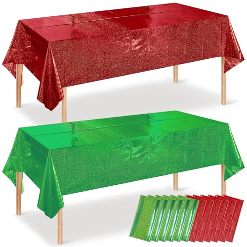 12 Pack Iridescent Red and Green Plastic Tablecloth 54x108 Inch Holographic Laser Disposable Table Cover Rectangle Red and Green Table Cloth for Christmas Holiday Birthday Party Decorations