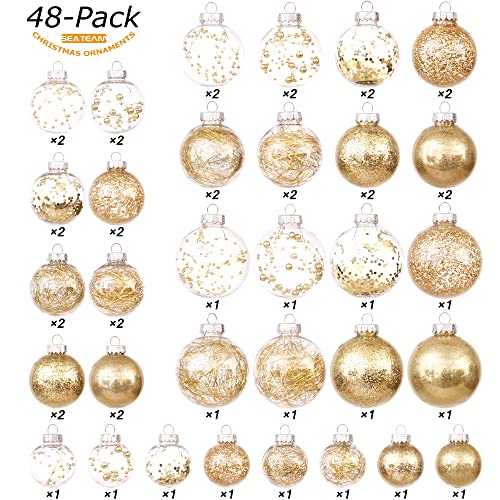 Sea Team Christmas Ball Ornaments, Multi Size, Shatterproof, Clear Plastic, Decorative Christmas Balls and Bauble Set Packed with Delicate Decorations, (48 Pieces, Gold)