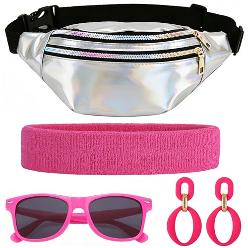 80er Jahre Bauchtasche Damen für Fasching & Karneval - Neon Party Accessoires 80er Kostüm Outfit mit Bauchtasche Stirnband Ohrringen Brille (Silberne)