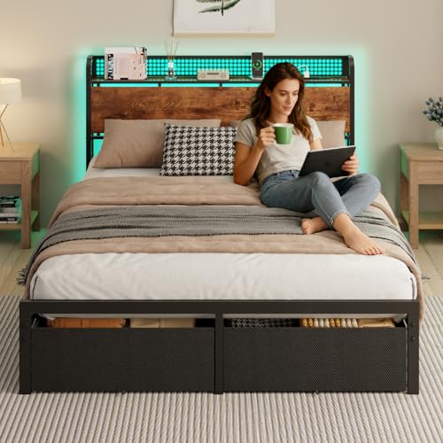 Image of Furnulem Queen Size Bed Frame with Headboard Storage, Platform Bed Frame Queen Size with 2 Drawers, Charging Station and LED Lights, No Box Spring Needed, Noise Free, Easy Assembly (1200 lbs Capacity)