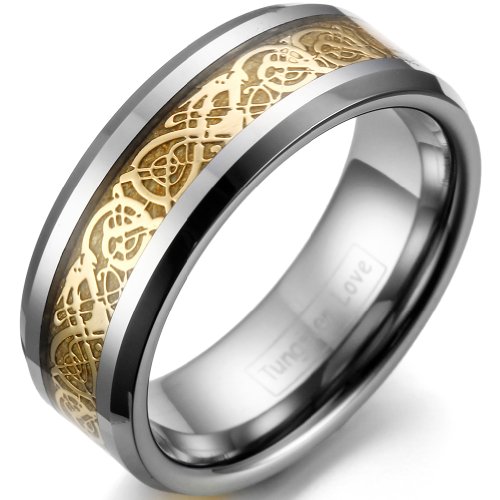 JewelryWe Anillo de tungsteno para hombre, modelo clásico, de dragón de oro celta, 8 mm, para compromiso