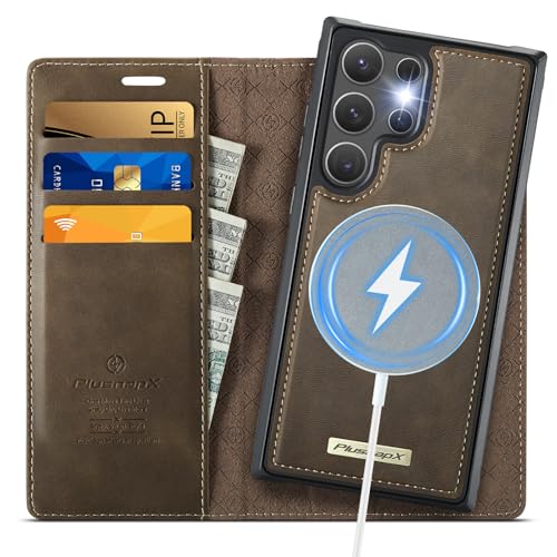 PlusnapX Wallet Case for Samsung Galaxy S24 Ultra Compatible with Magsafe 2-in-1 PU Leather Flip RFID Blocking Card Holder Stand Shockproof Magnetic Detachable Cover for Galaxy S24 Ultra Brown