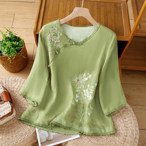 Floral Embroidered Blouse Lace Trim 3/4 Sleeve Tops Retro Chinese Frog Button Tees Shirts Traditional Hanfu Cheongsam2