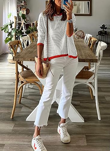 Womens Lightweight Cotton Sweaters Long Sleeve Crew Neck Color Block Striped Casual Knitted Pullover Tops2