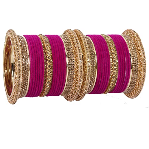 Image of NMII Non-Precious Metal with Base Metal and Studded with Zircon Gemstone Glossy Finished Traditional Velvet Bangle Chuda set for Women and Girls