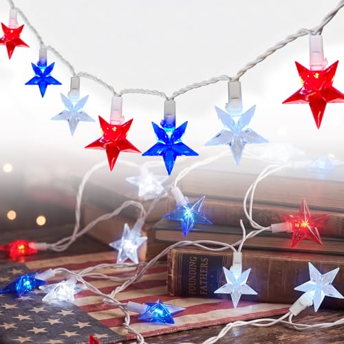 GOOTHY 13.6Ft LED Red White and Blue Star String Lights Plug in, Outdoor 4th of July Decorations Lights with 35 LED Star Light, Hanging Fairy Light for Independence Day Party Garden Patio Birthday