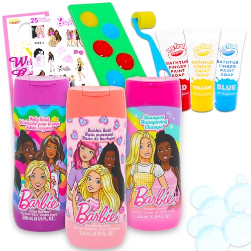 Ultimate Barbie Bathroom Set - Bundle with Shampoo, Body Wash, Bubble Bath, Bath Paint, Stickers, More | Barbie Bath and Shower Supplies Kit for Kids, Girls