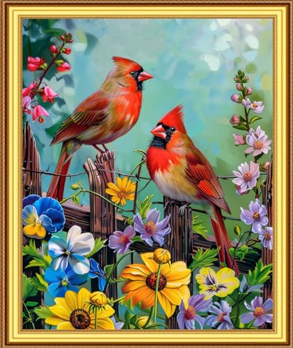 Image of Foxnyart Stamped Cross Stitch Kits Full Range of Embroidery Needlework Starter Kits for Beginners Adults 11CT Embroidery Patterns Art Crafts DIY Needlepoint Kit-Colorful Flowers Birds 16x20 inchs