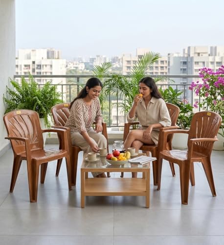 Image of Patiofy Plastic Chair for Home & Outdoor Use | Heavy Duty Comfortable Chair with Strong Legs | Stackable, Easy to Clean | Suitable for Living Room, Balcony, Patio Pack of 4 (Elba Sandalwood)