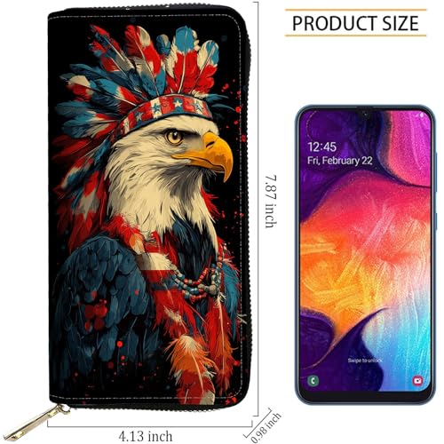 Image of RFID Blocking Leather Wallet for Women - Large Capacity Zip Around Clutch with 8 Card Slots,9 Cash Pockets & Coin Zipper,Bald Eagle Tribe Chief