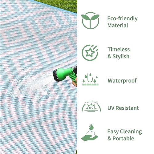 Image of GENIMO Outdoor Rug for Patio Clearance, 6'x9' Waterproof Camping Mat, Reversible Plastic Straw Rugs for RV, Camper, Balcony, Backyard, Picnic, Deck (Baby Blue & Pink)