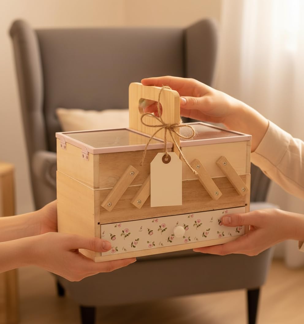Caja Costurero Madera Abatible con Cajón 20x11 cm