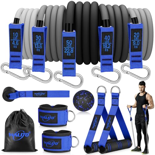 Image of WALITO Resistance Bands Set - Exercise Bands with Handles, Door Anchor, Legs Ankle Straps, for Heavy Resistance Training, Physical Therapy, Muscle Training, Yoga, Home Workouts (145LBS, Blue)