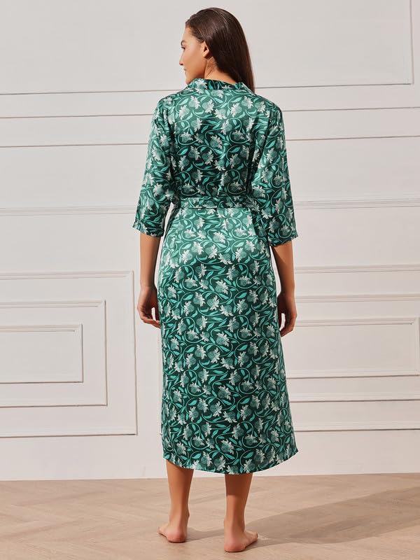 Image of Clovia Women's Satin Solid Long Nighty & Printed Robe Set