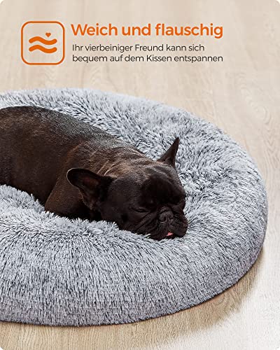 Feandrea Hundebett flauschig, Katzenbett, Donut Kissen, waschbar, Polsterung in der Mitte herausnehmbar, Langer Plüsch, 70 cm Durchmesser, Ombré-Grau PGW039G01