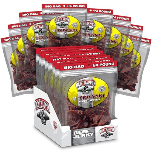 Old Trapper Beef Jerky, Teriyaki 1/4-Pound Individual Package, Savory and Sweet Meat Snack for Lunches or Between Meals, 11 Grams of Protein, Zero Grams of Fat, 70 Calories per Serving (Pack of 8)