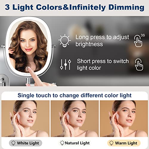 Touchfeel Wall Mounted Makeup Mirror, 9 Inch 1X/7X Magnifying Mirror With 3 Color Light, Double Sided 360° Swivel Extendable Bathroom Mirror With Dimmable Led Light For Bedroom #TOP3