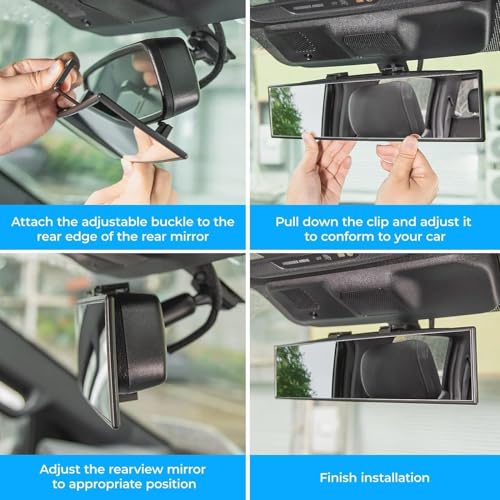 Image of 12 Inch Panoramic Rear View Mirror with Convex Wide Angle Design - Clip on Interior Rearview Mirror Extender with Anti Glare HD Chrome Glass for Car SUV Truck Blind Spot Reduction