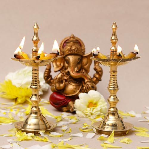 Image of Klassic 5 Inch Pure Brass Fancy Kerala Diya Oil Lamp Stand (Vilakku) | Traditional Deepam for Mandir & Temple Use | Ideal for Diwali, Navratri & Daily Worship | Set of 2