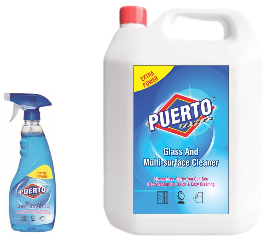 Image of Puerto 5 Ltr (Pack of 1) Glass and Surface Cleaner Liquid Spray Refill|Glass Cleaner for Car, Kitchen and Home Surfaces | Multi Surface Cleaner