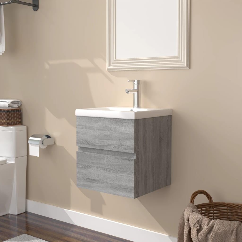 Zintegrowana umywalka z szarego drewna - nowoczesna łazienka Lavabo ze schowkiem stylowy design materiał idealny do remontu domu