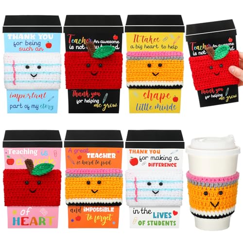 Zhehao 6 Set End of Year Teacher Gift Card Crochet Coffee Cup Sleeve Thank You Coffee Cup Appreciation Graduation Gifts for Teacher First Day of School Party Favors