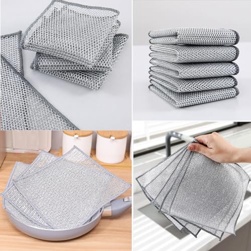Image of Double Layer Multipurpose Non Scratch Wire Dishcloth, Soft Wire Dishwashing Rag Safe for Non-Stick Cookware, Scrubs & Cleans for Dishes, Sinks, Counters, Stove Tops, Easy Rinsing (6Pcs)